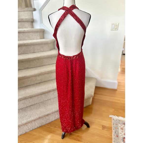 Vintage Y2K Cache Silk Red Beaded Backless Maxi Slit Gown - Picture 3 of 12